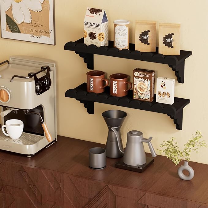 QsQueen Scalloped Wood Wall Shelf Ã¢ÂÂ 17 Inch Floating Shelf with Wood Brackets, Easy to Install Rustic Wall Shelf for Living Room, Bedroom, Bathroom, or Any Space, Black Shelves