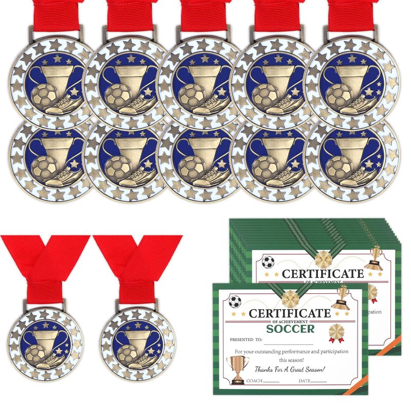SvkOjmx 12 Pcs Soccer Medals with 12 Pcs Achievement Award Certificates Team Participation Medals with Red Ribbon Metal Champion Award Trophy for Soccer Themed Party Favors Participant Trophy Prize