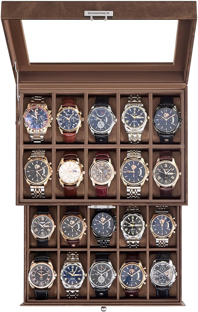 SONGMICS Watch Box, 20-Slot Watch Case Organizer with Large Glass Lid, Removable Pillows, Metal Lock, Gift for Loved Ones, Coffee Brown Synthetic Leather, Coffee Brown Lining UJWB020KZ02S