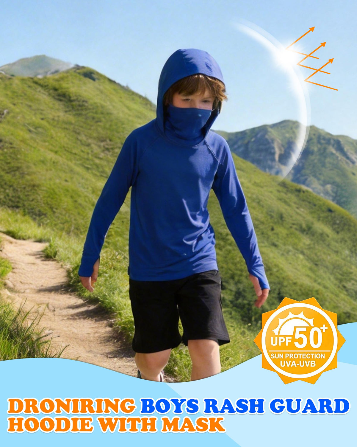 DRONIRING Boys Hooded Fishing Shirt with Mask, Kids UPF 50+ Long Sleeve Rash Guard Hoodie, Sun Protection Beach Swim Shirts Blue