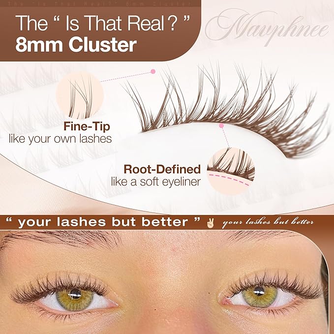 8MM Brown Lash Clusters Short Fluffy Individual Lashes with C Curl & Clear Band, Natural Look for Everyday Wear, Beginner-Friendly - Barely There & "No-Makeup" Makeup Essential