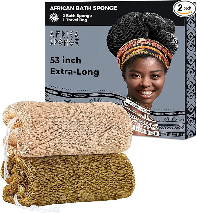 African Net Sponge Authentic - 2 Pieces 52IN Stretched Length Exfoliating Body Scrubber Bath Sponge - Loofah Washcloth Back Scrub for Shower Body Exfoliator
