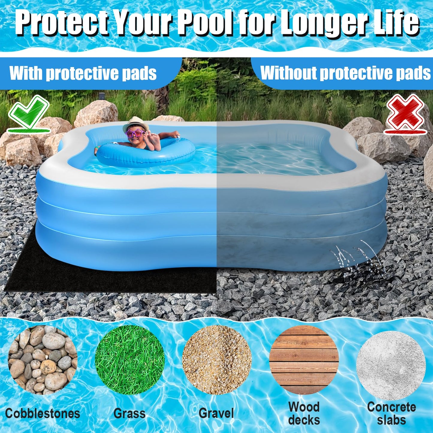VICAMB 15 x 10ft Rectangular Pool Liner Pad for Above Ground Swimming Pools,220g/㎡ Heavy Duty Pool Ground Mat Under Pool Pad,Pools Bottom Liner Protector to Prevent Puncture and Extend Liner Life