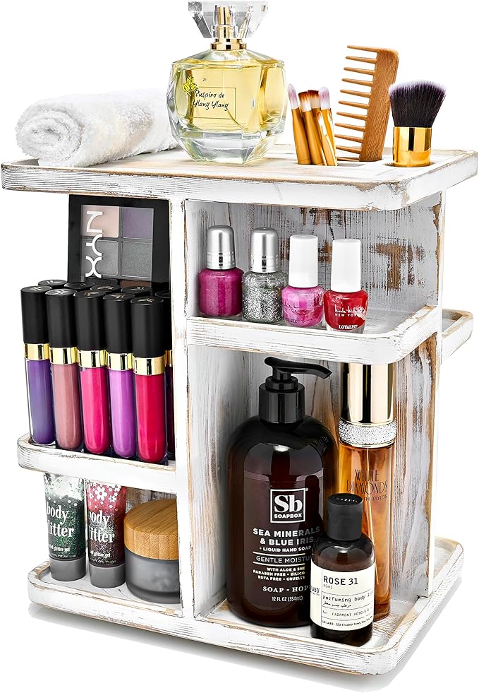 Sorbus 360ÃÂ° Makeup Organizer - Grey Rustic Wood Storage Carousel for Cosmetics, Make Up, Skin Care Organizer - Rotating Makeup Organizer for Vanity, Bathroom Storage, Bedroom, Kitchen, Desk, Dorm