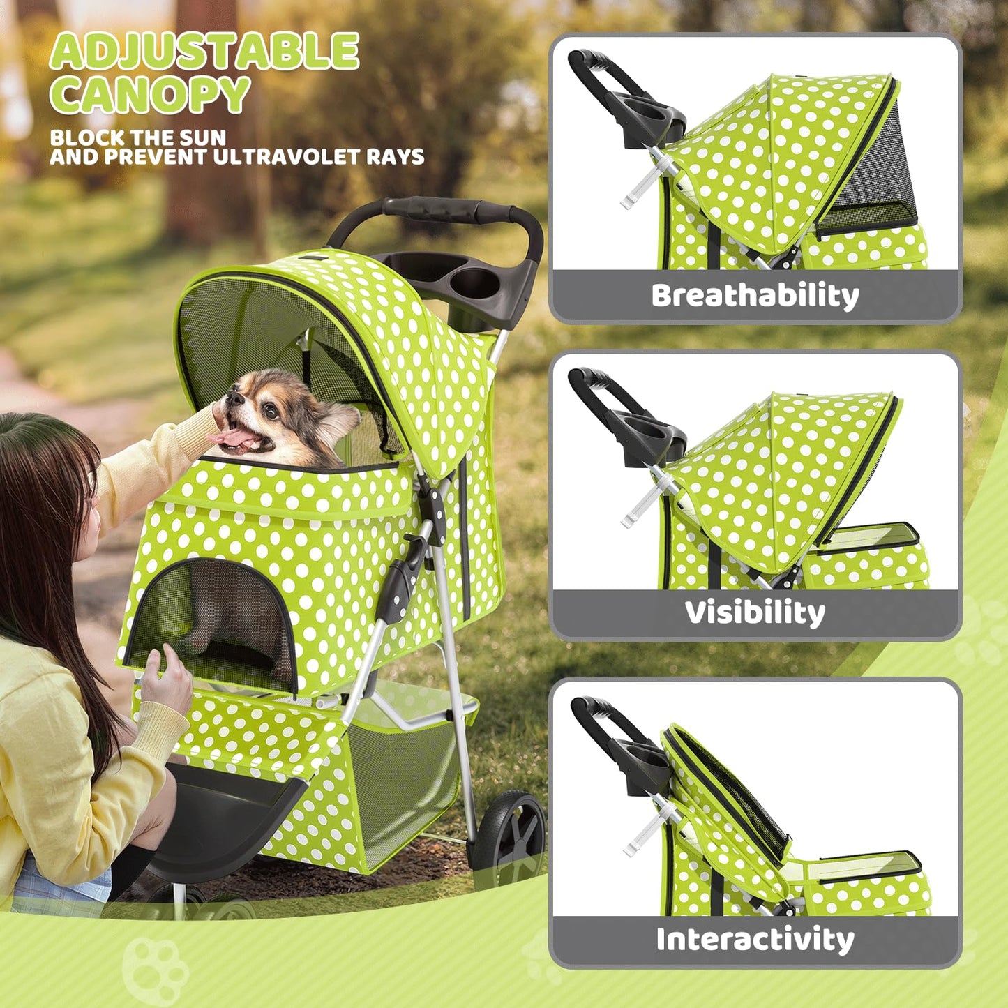 Magshion 3-Wheel Pet Stroller, Foldable Travel Jogger for Small & Medium Dogs & Cats (Up to 33lbs), Lightweight Carrier with Breathable Mesh Cover, Cup Holder & Storage Basket, Lawn Green Polka Dots