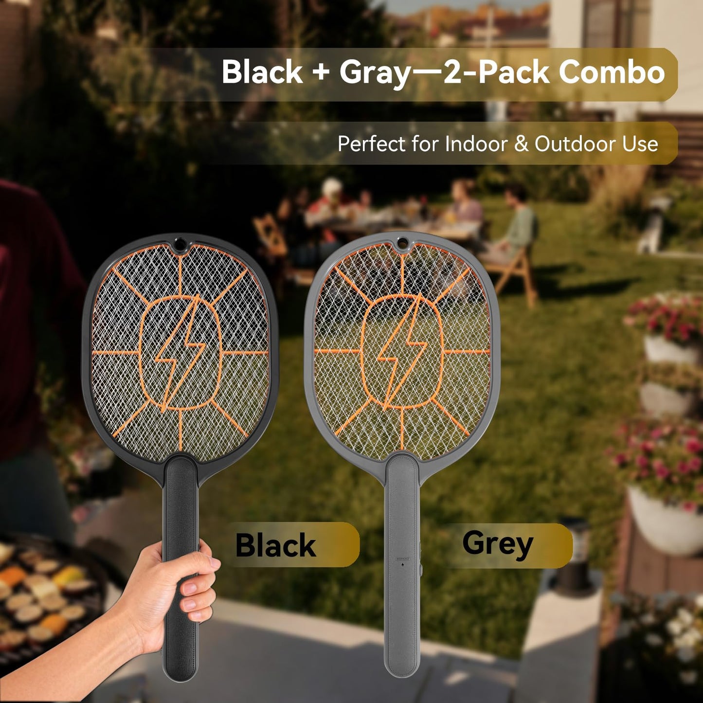 2-Pack Electric Fly Swatter – Battery Powered Mosquito & Bug Zapper Racket with Safe Mesh & Wall-Mount Design for Indoor and Outdoor Use (Black & Gray)