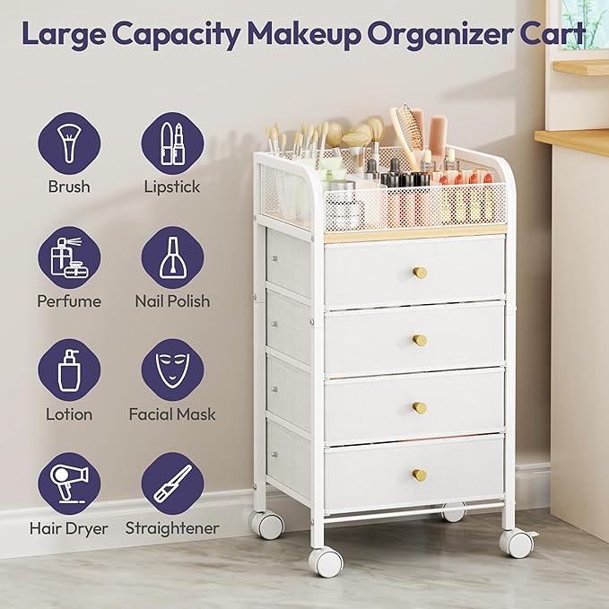 SWTYMIKI Rolling Makeup Organizer Cart - 14.96Ã¢ÂÂ³*11.81Ã¢ÂÂ³*27.55Ã¢ÂÂ³ Widened Under Desk Vanity Storage with 4 Non-woven Drawers, Cosmetic Display Cases for Skin Care Perfume Nail Polish Brush Hair Tool White