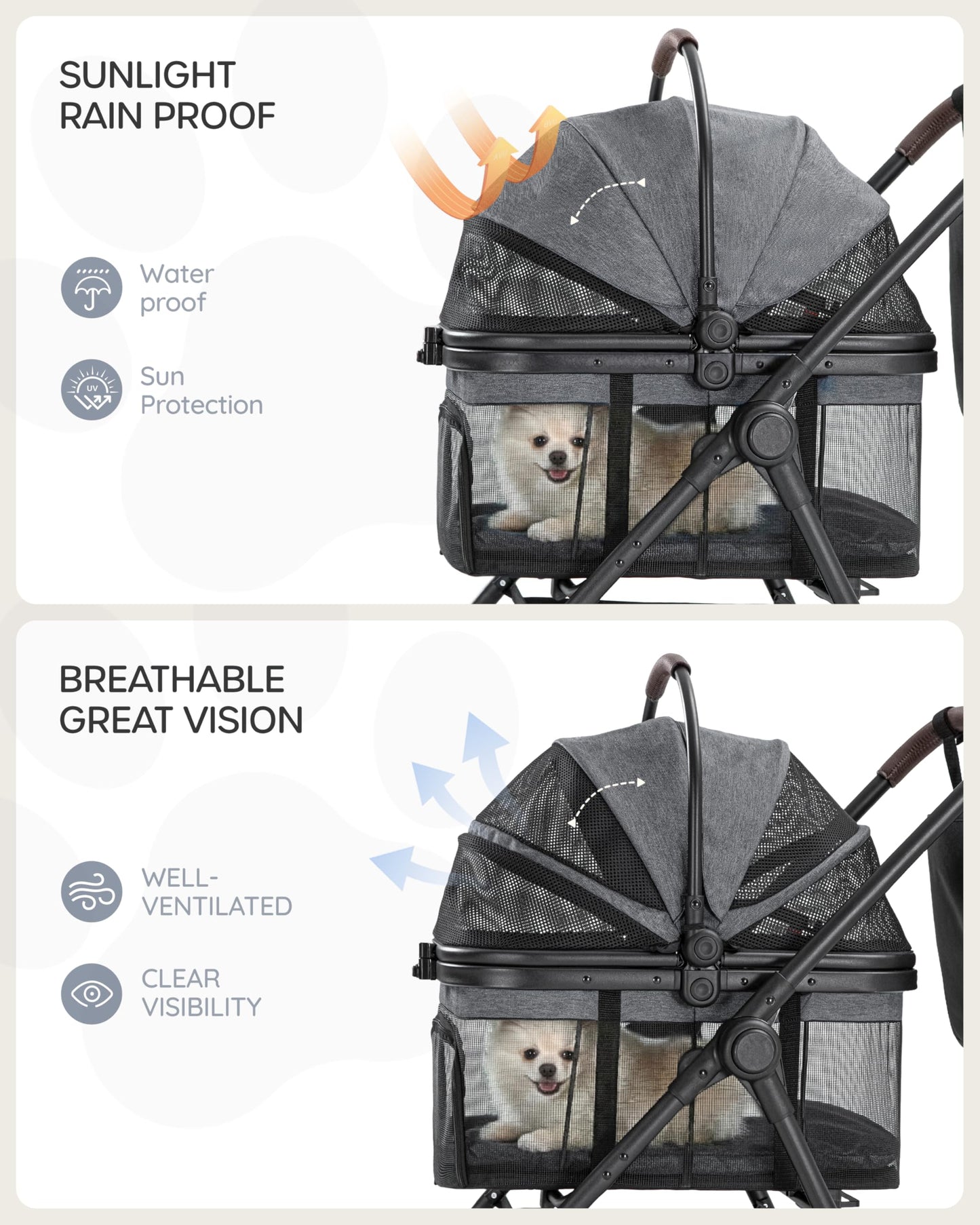 OJCME 3 in 1 Pet Carrier Stroller with Detachable Carrier, Foldable Dog & Cat Stroller for Small/Medium Dogs up to 33 lbs, Large Storage Bag, Full Window Mesh, One-Touch Dual Brake, Car Seat