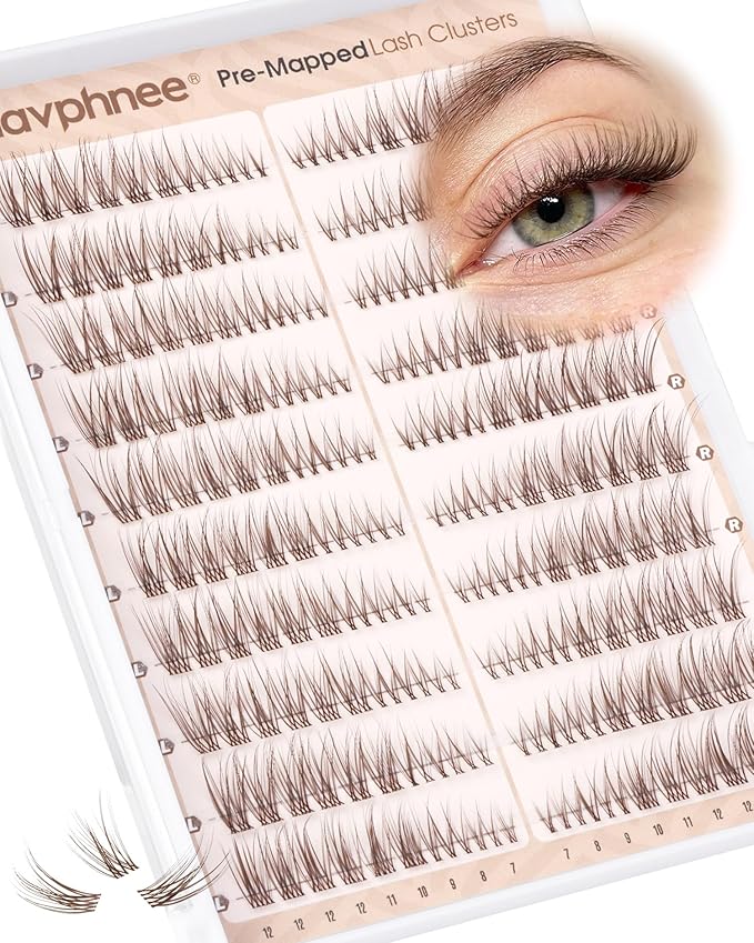 Brown Lash Clusters Natural Cat Eye Eyelash Extensions, 7-12MM Pre-Mapped Wispy Individual Lashes For Easy Application, C-Curly Clear Band, For Natural Lifted Look