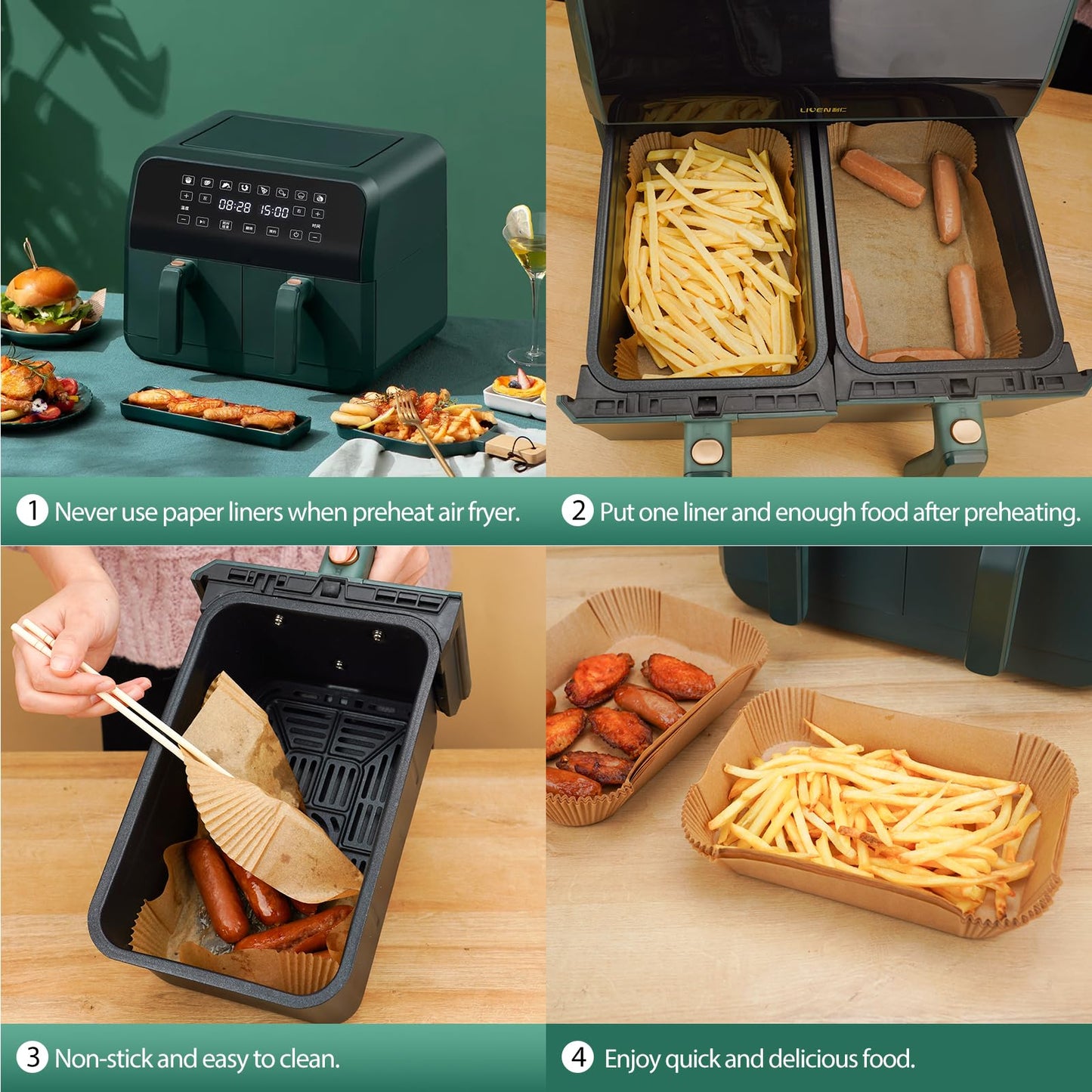 Air Fryer Liners Disposable for Dual Basket, 250Pcs 8x5.5 Inch Rectangular Parchment Paper for Ninja DZ201 DZ401, Chefman/COSORI 2-Basket Air Fryer, Oil Proof Baking Paper Sheets by Vailnd
