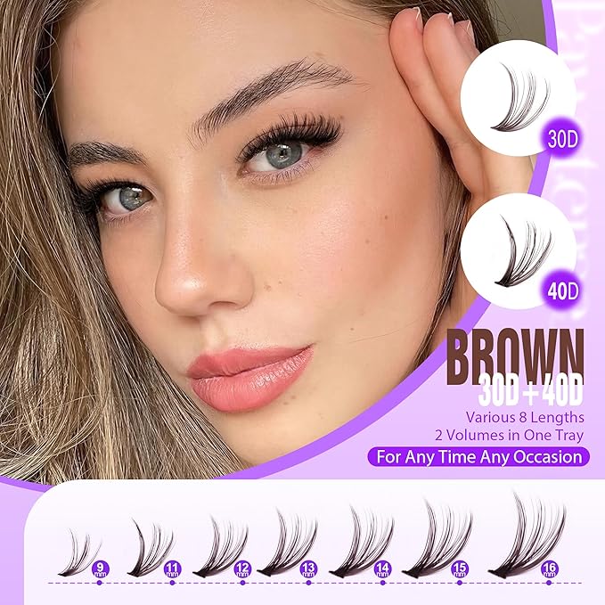 Pawotence Lash Extension Kit DIY 280pcs Brown Lash Clusters Eyelash Extension Kit 30D 40D 9-16mm Individual Lashes Kit with Lash Bond and Seal Lash Tweezers for Self Use (Brown 30D 40D, 9-16mm, Kit)