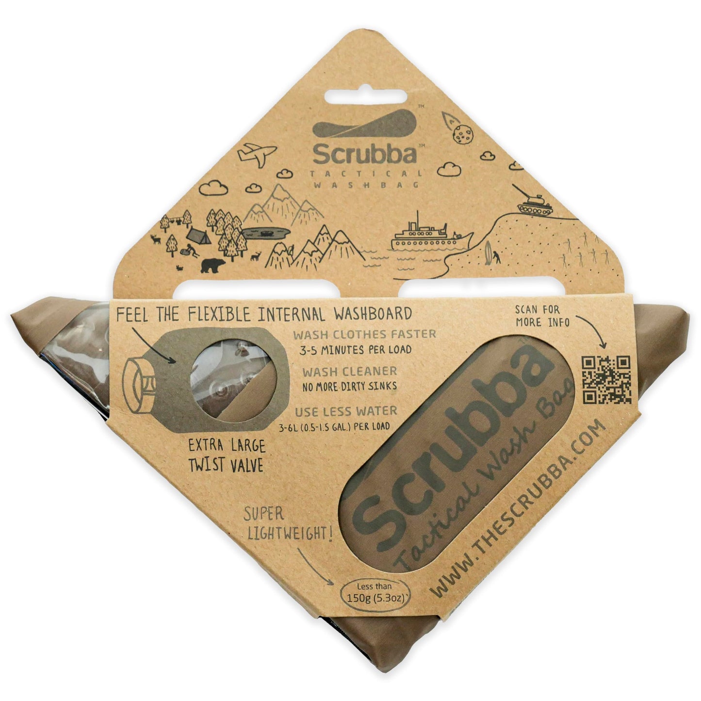 Scrubba Tactical Wash Bag Portable Washing Machine - Lightweight Manual Washing Machine for Travel, Camping, Laundry, Clothes - Camping Accessories, Gift - use with Laundry Detergent/Sheets - 5.6 oz.