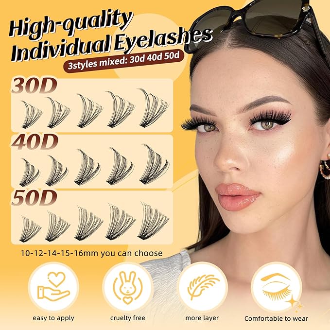 QUEWEL Lash Clusters, Cluster Lashes 30D+40D+50D Eyelash Clusters D Curl Individual Lashes 10-16mm Cluster Eyelash Extensions Create Kinds of Beauty Look (DH-30D+40D+50D)