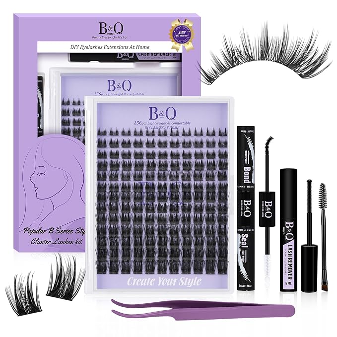 B&Q Wispy Lash Clusters Kit B52, DIY Lash Extension Kit 156PCS Eyelash Extension Kit, Soft Natural Lash Clusters 8-18MIX D Curl Lash cluster, Thin Black Band Cluster Eyelash Extensions (B52 Set)