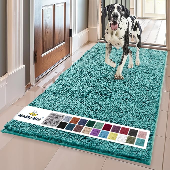 Muddy Mat® | Super Absorbent Door Mat Indoor, Microfiber Quick Dry Chenille Entryway Rug, Non-Slip Front Door Mat, Indoor Mats for Entryway, Machine Washable Pet Rug, Teal 24" x 120"