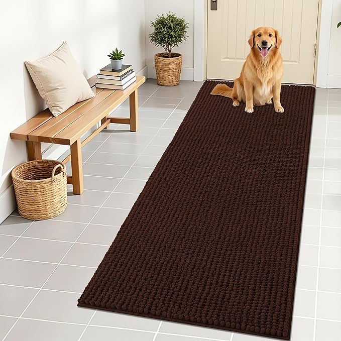 OLANLY Dog Door Mat for Muddy Paws 70x24, Ultra Absorbent Chenille Mud Doormat, Non-Slip Washable and Dirt Trapping Doormat for Indoor Entryway, Quick-Dry Indoor Pet Bed Mats for Dogs, Brown