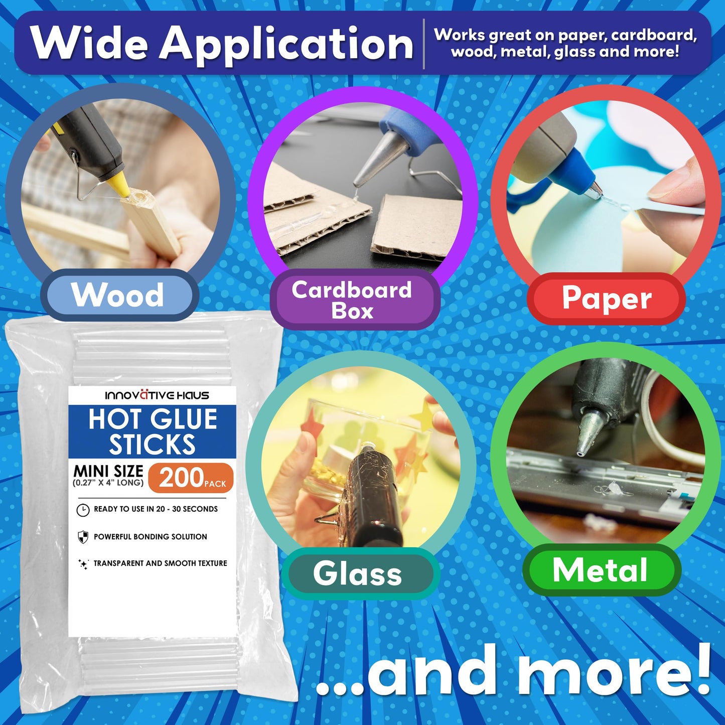 Innovative Haus Mini Hot Glue Sticks (200 Pack) - Fits Mini Glue Guns, 4" x 0.27" - Craft, Bond, Create on Wood, Metal, Glass and More - Transparent, Strong and Quick-Drying