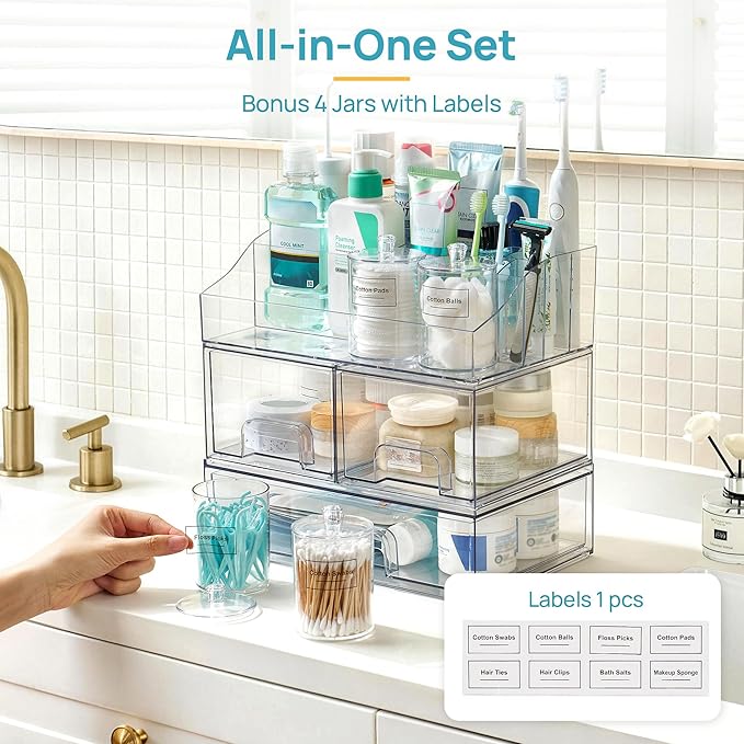 Vtopmart 8 PCS Bathroom Countertop Organizer, 1 Divided Tray with 4 Qtip Holder Jars and 3 Drawers, Restroom Clear Organizers for Toothbrush, Cotton Pads, Vanity Accessories Storage Set