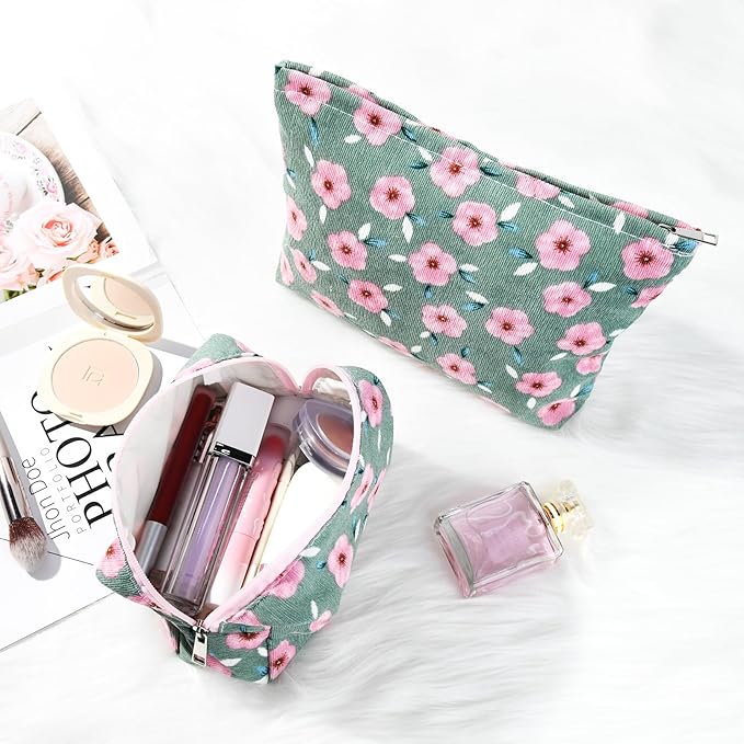 SOIDRAM 2 Pieces Sakura Makeup Bag Large Cosmetic Bag Capacity Canvas Mix Travel Toiletry Bag Organizer Cute Makeup Brushes Aesthetic Accessories Storage Bag for Women, Sakura Mix Green