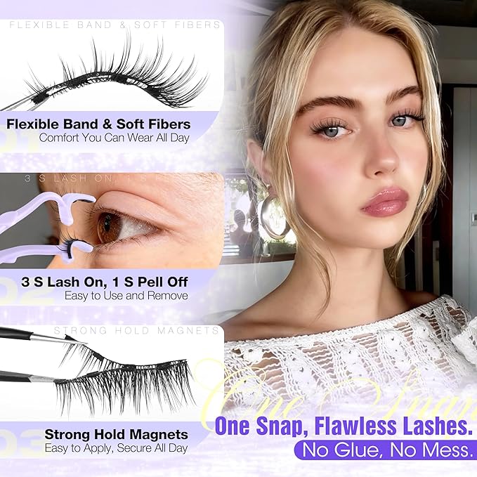 Lanflower Magnetic Eyelashes with Applicator, Mangetic Eyelashes Natural Look, Wispy Magnetic Lashes, No Glue Needed Magnetic Eyelashes, Strong Hold, Reusable, Waterproof, Cat Eye, No Irritation