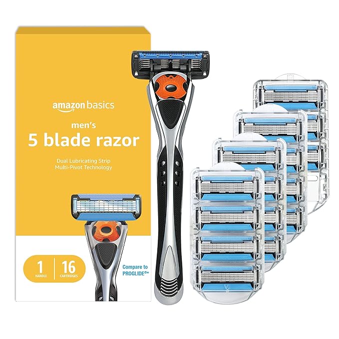 Amazon Basics 5-Blade MotionSphere Men's Razor with Dual Lubrication, Vitamin E, Precision Trimmer, 1 Handle & 16 Cartridges, Black