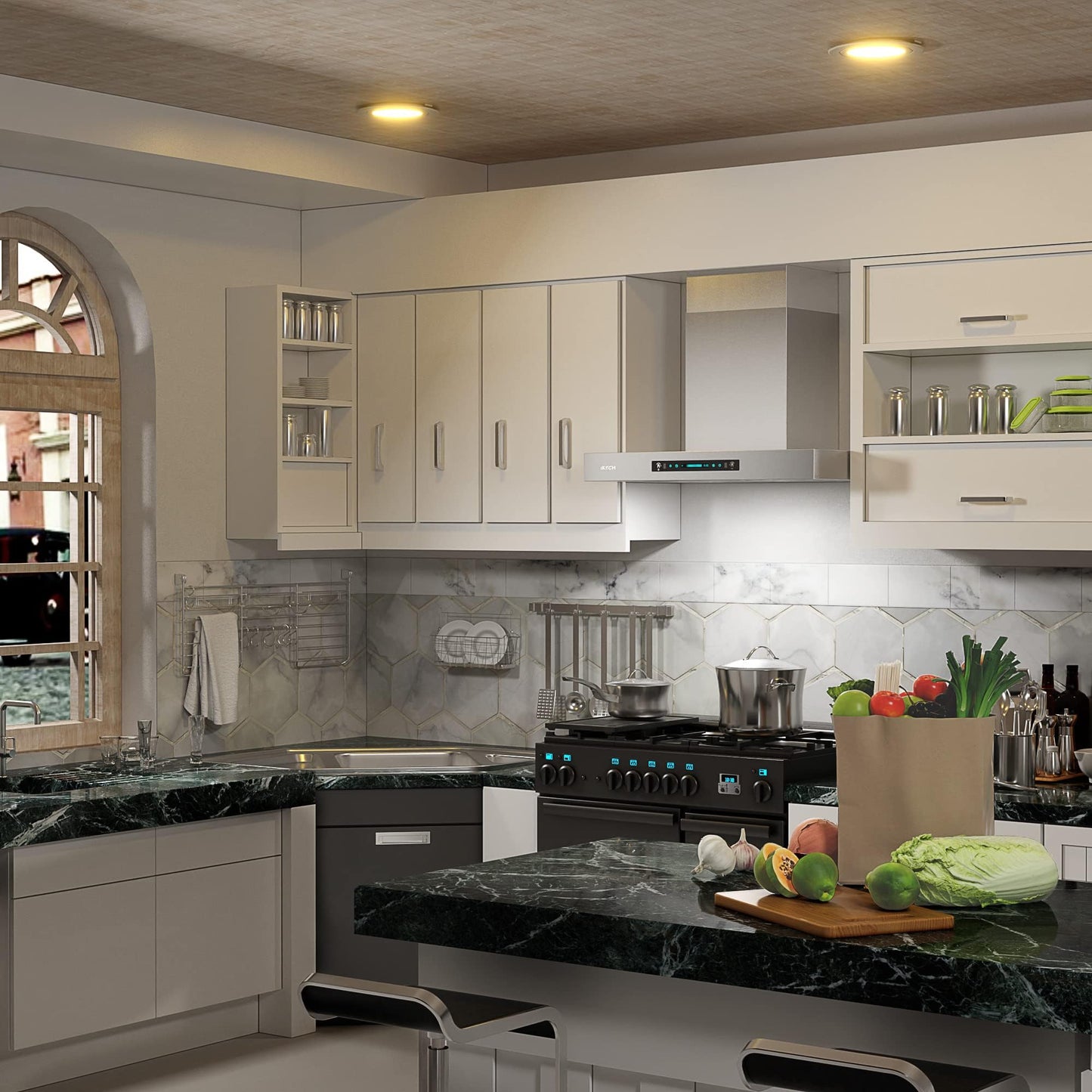 IKTCH 30 inch Wall Mount Range Hood, 1200 CFM Ducted Range Hood with 4 Speed Fan, Durable Stainless Steel with Gesture Sensing & Touch Control IKP01-30