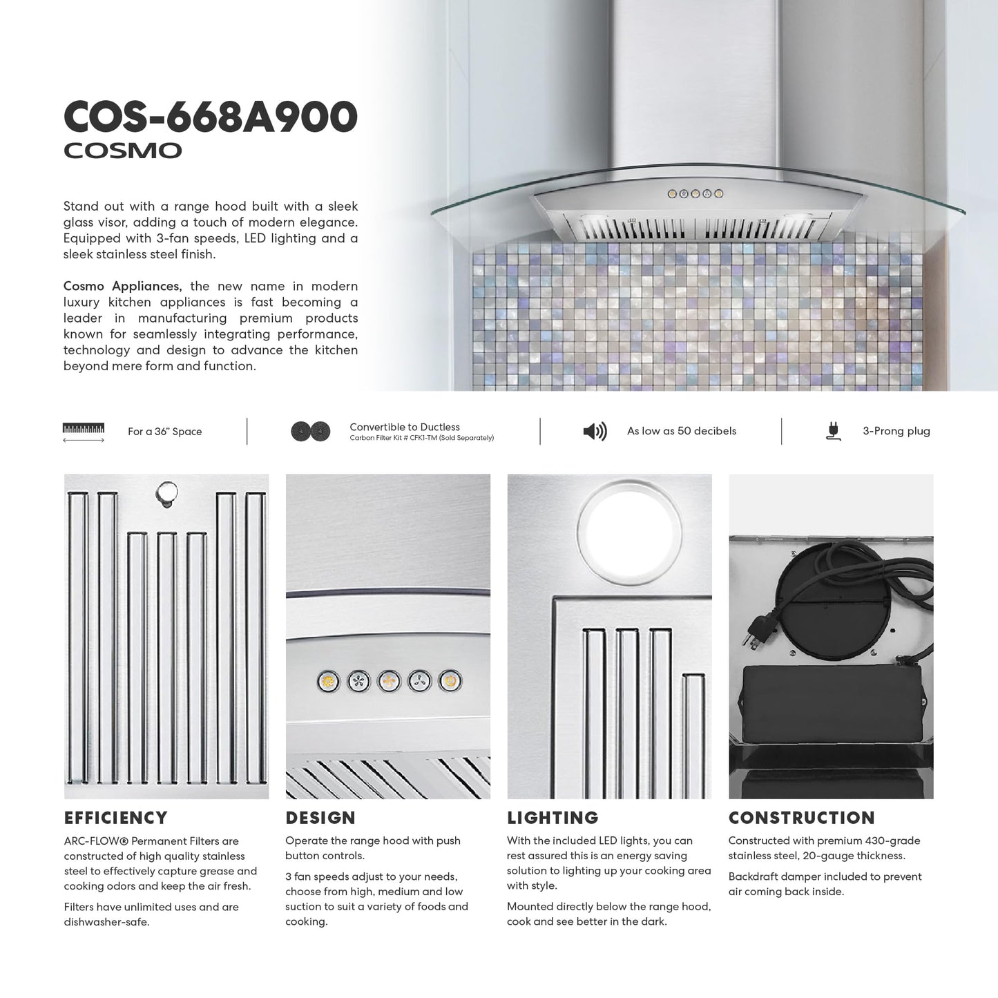 COSMO COS-668A900 36 in. Vista Collection 380 CFM Ducted Wall Mount Range Hood, Button Controls, LED Lights, Stainless Steel