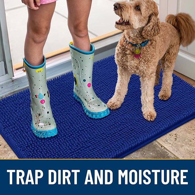 Smiry Dog Door Mat for Muddy Paws 24x16, Absorbs Moisture and Dirt Doormat, Non-Slip Washable Quick Dry Chenille Front Door Mat Indoor Entrance, Entryway Carpet for Inside Floor, Royal Blue