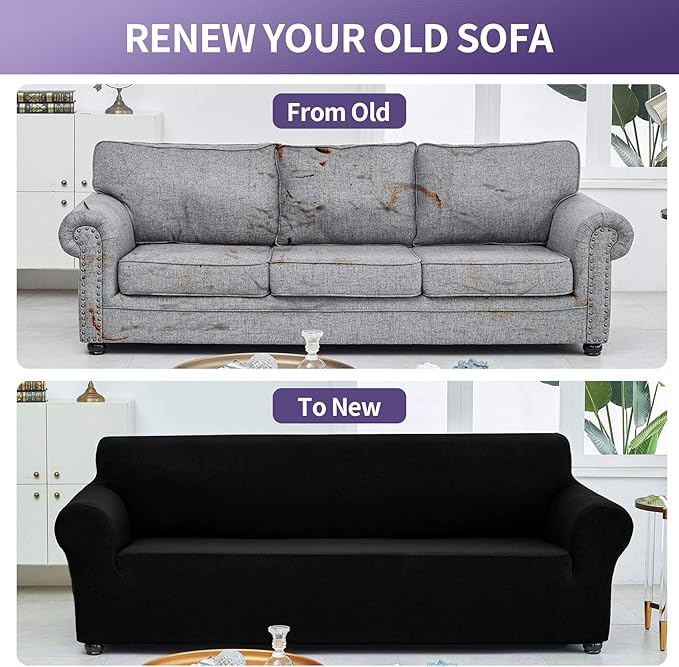 Joccun Stretch Couch Cover Slipcovers, 1-Piece Sofa Covers for 3 Cushion Couch Spandex Jacquard Washable Furniture Protector Cover for Living Room,Kids,Pets(Sofa,Black)