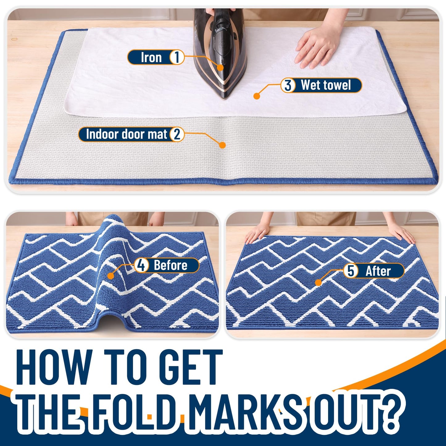 OLANLY Front Door Mat, Non-Slip Rubber Backing, Dirt Resistant and Absorbent, Washable, Easy to Clean Low-Profile Indoor Doormat for Back Door, Entryway, Inside Entrance, 40x32, Navy