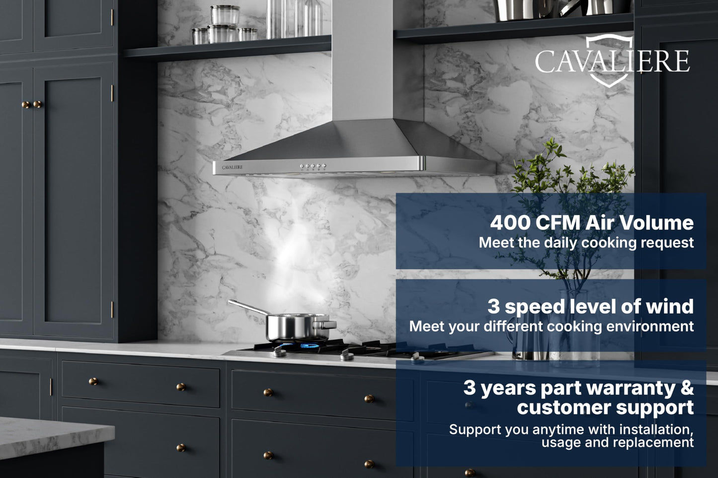 CAVALIERE Value-Focused 462 CFM Wall Mount Range Hood 30 Inch, 3-Year Warranty, Enhanced Stainless Steel, Ducted/Ductless Range Hood Convertible (Kit Included) LED Lights, Baffle Filter, Touch Control