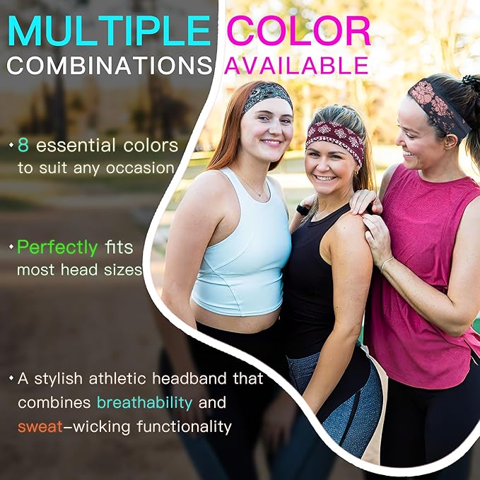 Ztomine 8 Pack Headbands for Women Non Slip - Stylish Sports Hair Bands for Women's Hair - Soft Cotton Cloth Stretchy Headbands for Women for Yoga, Outdoor Exercise Running