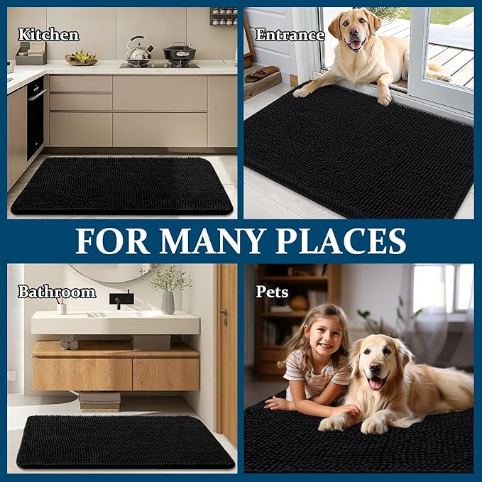 OLANLY Dog Door Mat for Muddy Paws 35x24, Absorbs Moisture and Dirt, Absorbent Non-Slip Washable Doormat, Quick Dry Chenille Mud Mat for Dogs, Entry Indoor Entryway Carpet for Inside Floor, Black