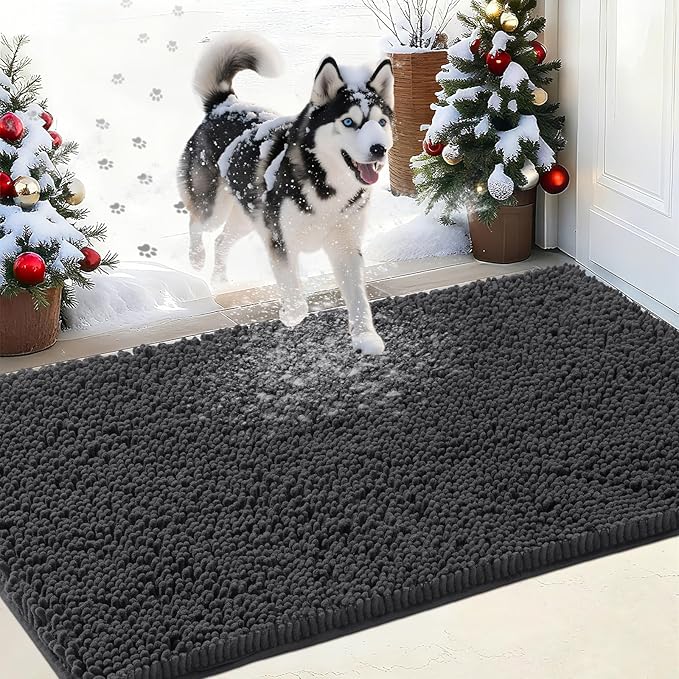 IM HOME Chenille Absorbent Outdoor Doormat 30" x 20", Washable Muddy Door Mats for Dog Non Slip Indoor Doormat Dog Mat for Muddy Paw Front Inside Doormats for Entryway Dark Gray
