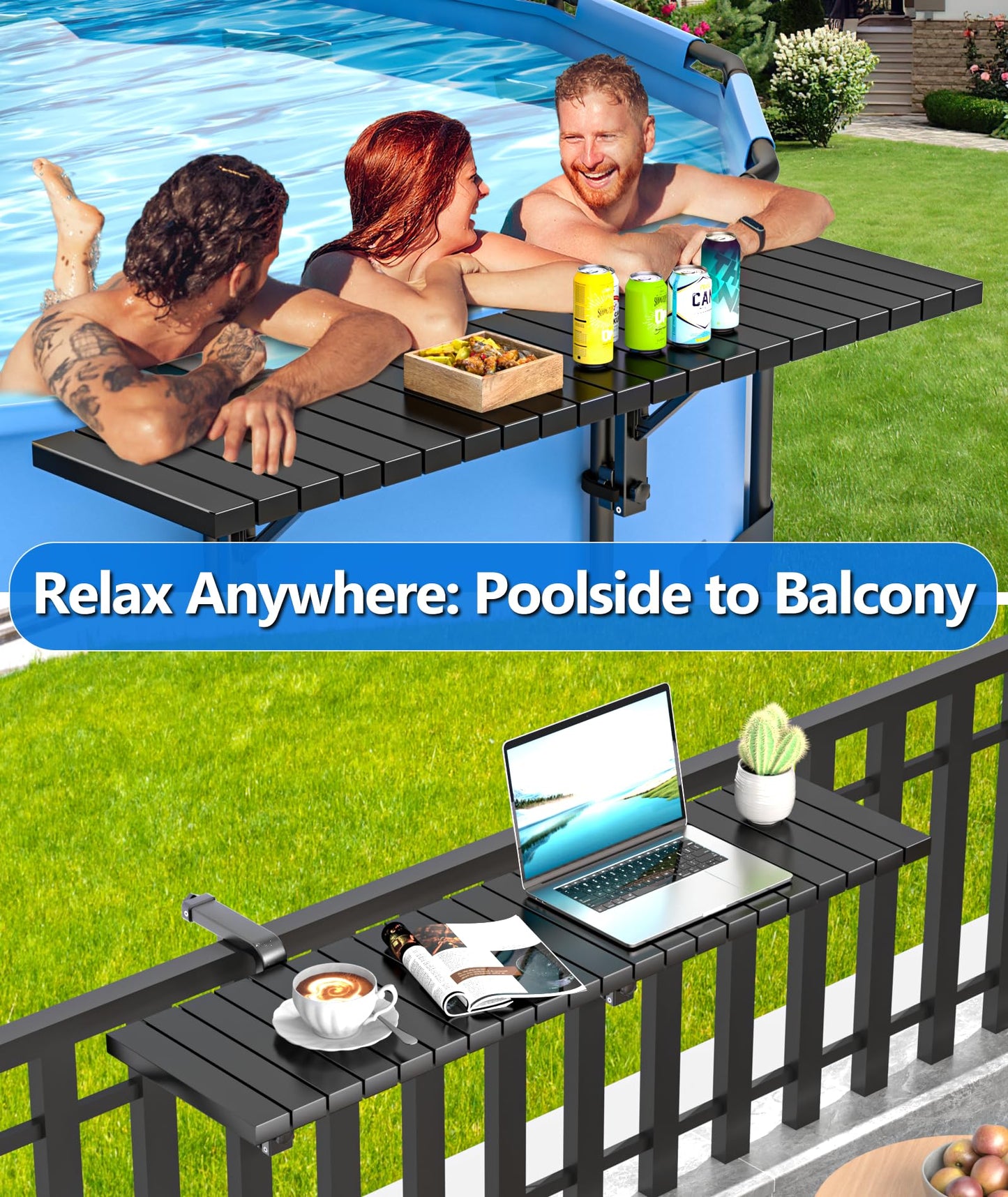 BoYata Pool Bar, Above Ground Pool Side Bar, 49.4×9.6" Galvanized Iron Poolside Table Holds 110LBS, Swim Up Bars Fit Top Rails 4.48" or Less, Frame Above Ground Round & Oval Swimming Pools Accessories