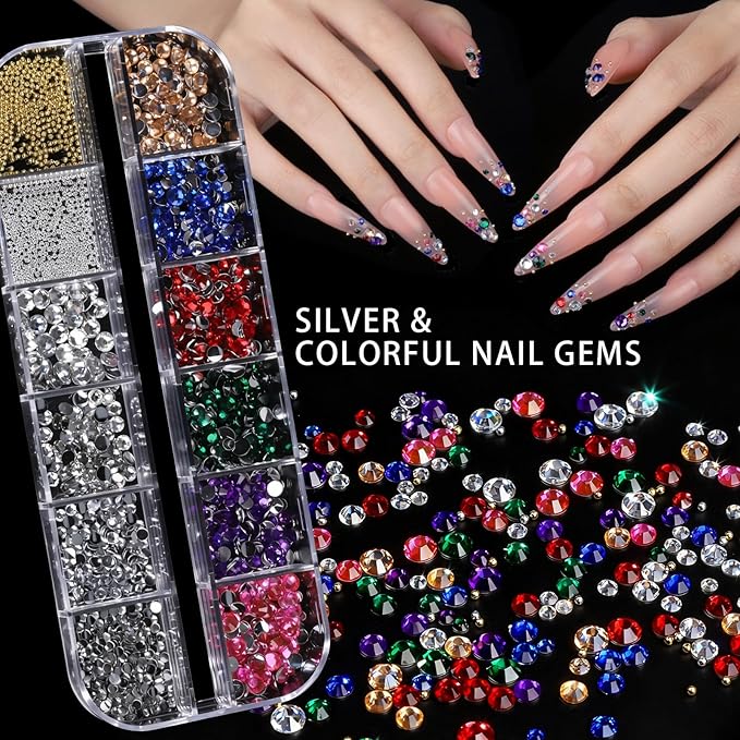 Teenitor 4 Boxes Nail Charms and Gems Set, Nail Rhinestones Nail Kit with Nail Art Brushes Nail Stand, Nail Gems Nail Design Tools with 15pcs Nail Stickers, Gold Nail Pearls for Women Nail Decorations