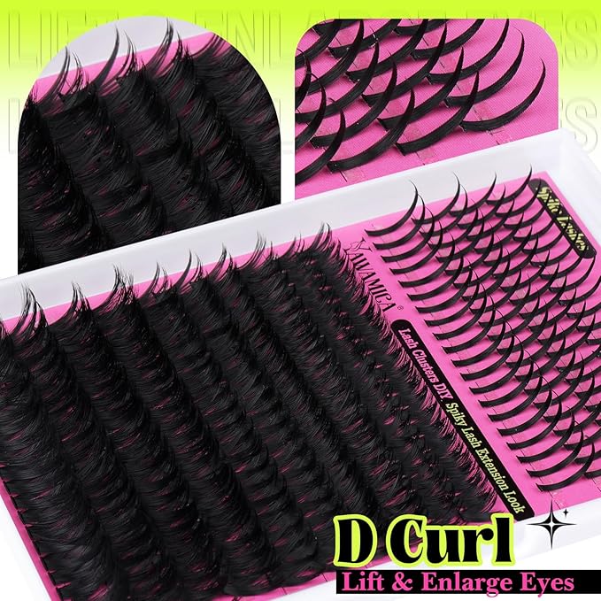 Yawamica 100D Volume Lash Clusters 12-20mm with 15-21mm Spike Individual Lashes DIY Manga Lashes Clusters D Curly Wispy Eyelash Clusters Fairy Cluster Eyelash Extensions 280pcs (Black)