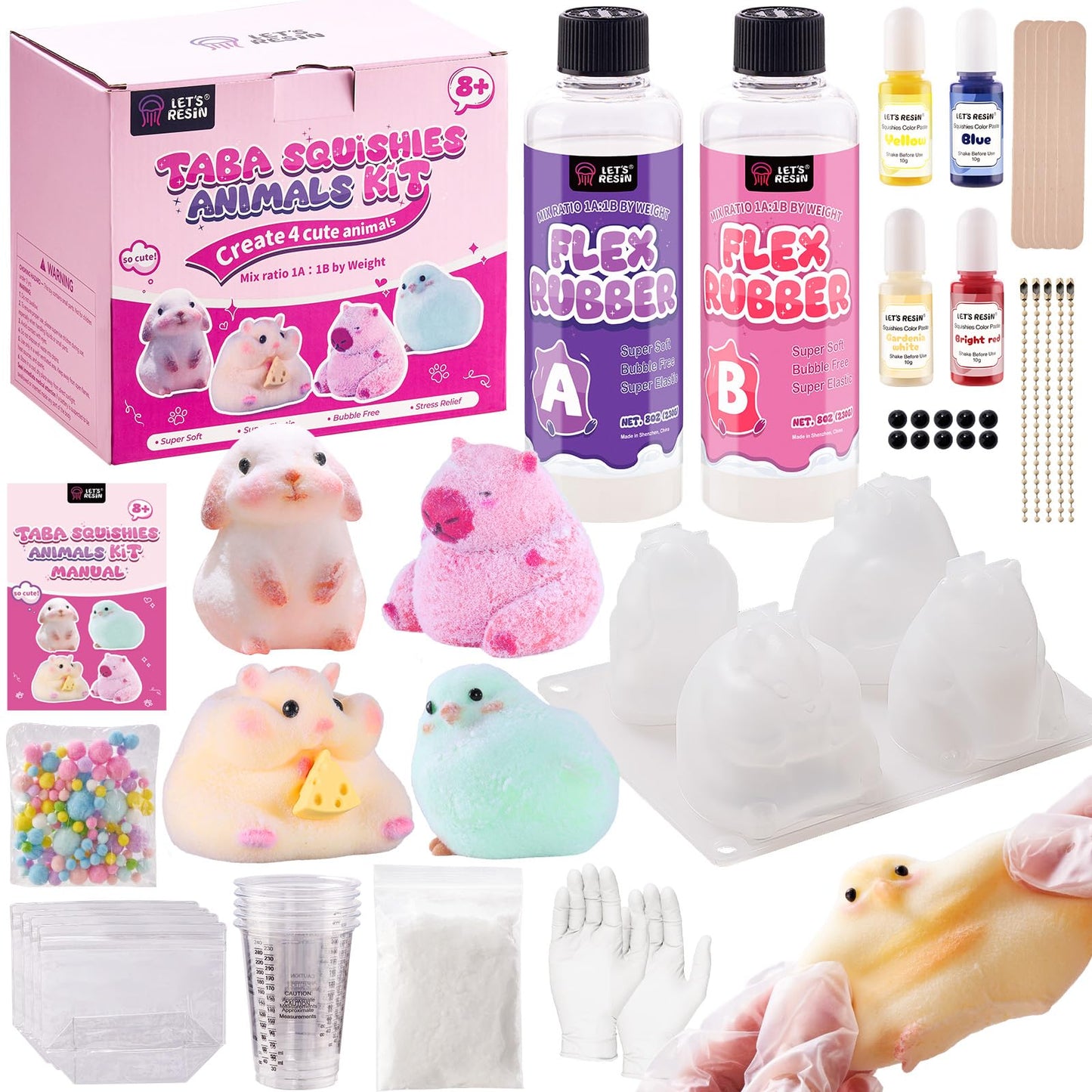LET'S RESIN Flex Rubber for Taba Squishy Kit, All-in-one Beginner Kit for Squishy Maker, with 16oz Silicone Gel, Hamster/Capybara/Rabbit/Chick Silicone Molds, Color Paste, Flocking Powder, Ideal Gifts