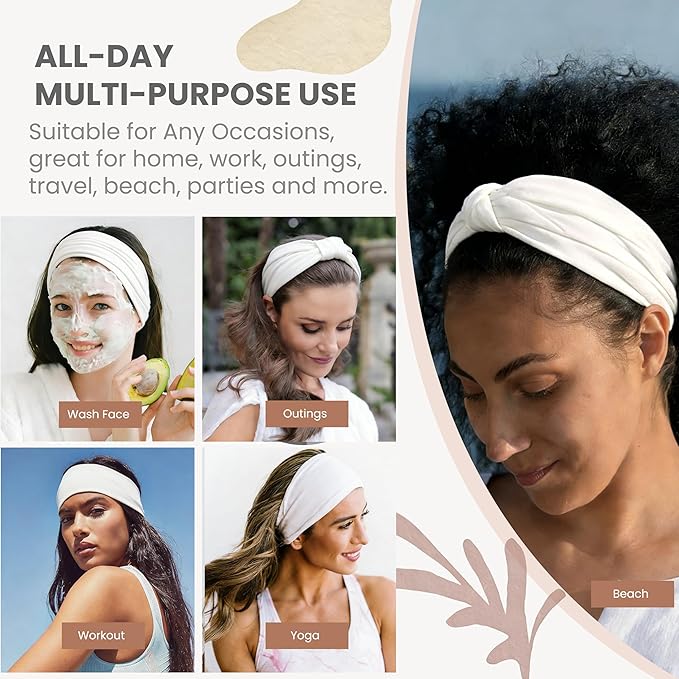 2 Pack White Wide Headbands for Women - Thick Stretchy Non Slip Fabric Sweat Bands, Soft Hair Bands for Workout, Running, Spa, Makeup & Washing Face