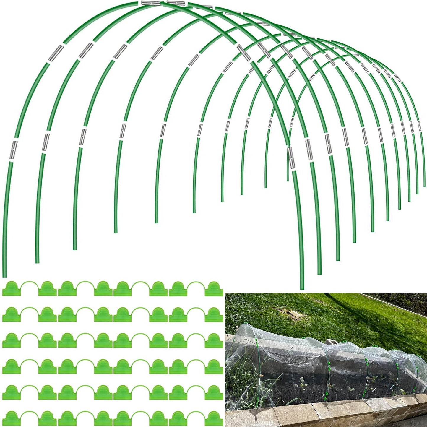 60pcs Garden Hoops for Raised Beds Wide, 8ft Greenhouse Hoops Grow Tunnel for Row Cover Netting, Adjustable Fiberglass Rust-Free Garden Bed Plant Hoops Support DIY Frame Stake for Outdoor, 40pcs Clips