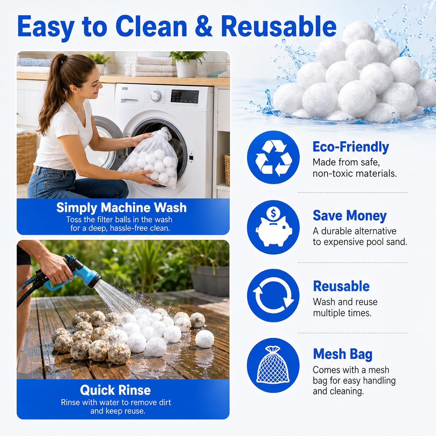 Bohodiy 1.5 lbs Pool Filter Balls for Sand Filter, Reusable Pool Fiber Filter Balls Replace 55lbs Pool Filter Sand，Efficient Pool Filter Media Balls for Filter Pump, Pool Cleaning (1.54 Lbs)