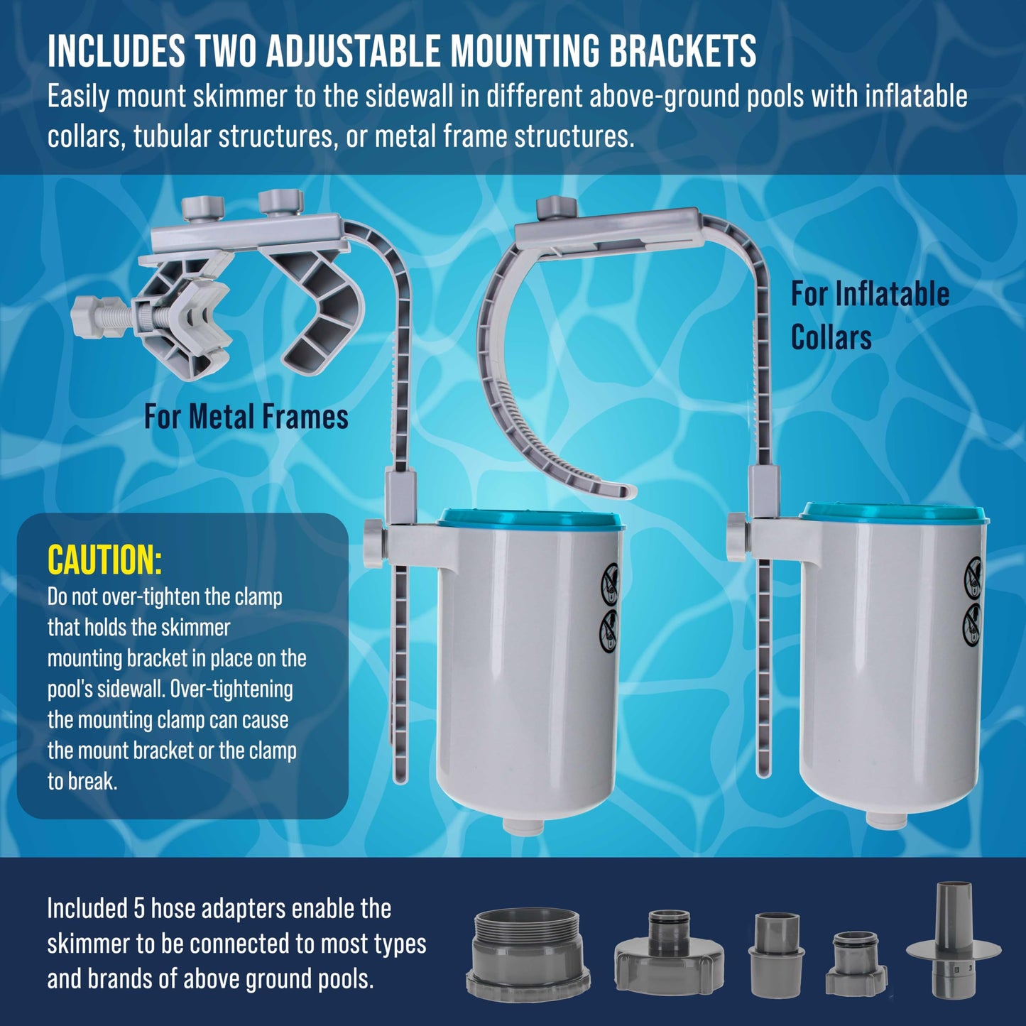 U.S. Pool Supply Pool Skimmer - Above Ground Pool Skimmer, Floating Surface Skimmer, 5 Adapters, Pool Accessories - Clean Dirt Basket, Wall Mount, Attach to Inflatable Collars, Tubular, Metal Frames