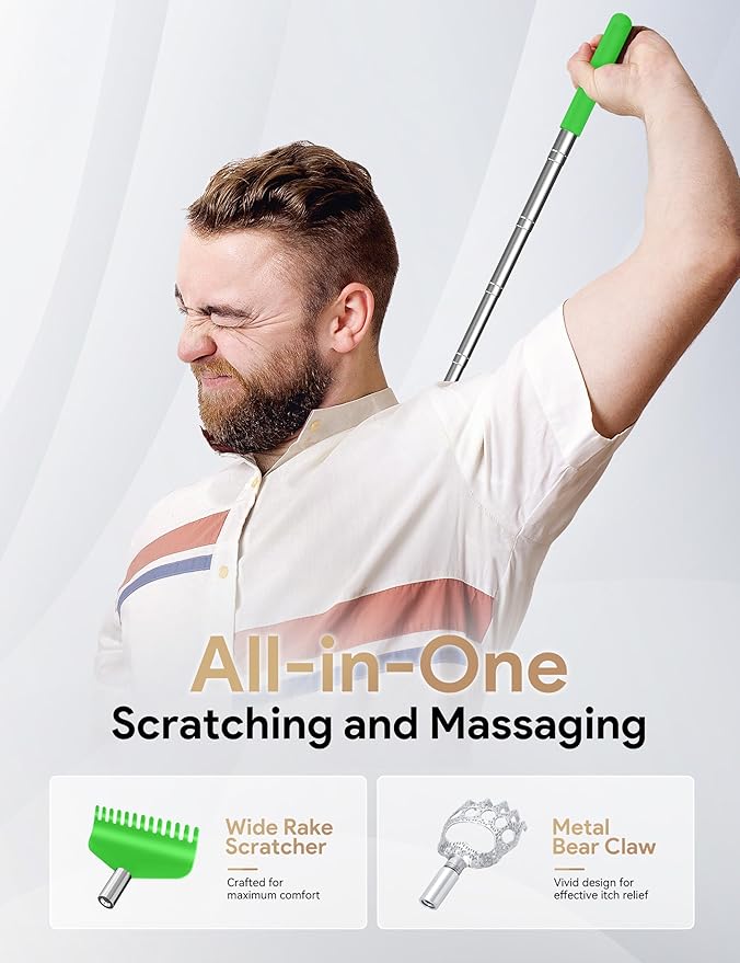 TUKUOS Telescoping Back Scratcher with 5 Detachable Scratching Heads, Valentines Day Gifts for Him Men, Anniversary Birthday Gifts for Men Women Back Scratcher for Men/Dad/Women/Adults - Green