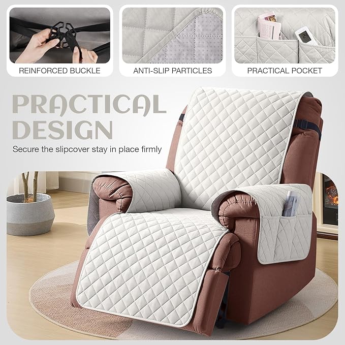 KinCam 100% Waterproof Recliner Chair Cover, Reclining Couch Covers for Pets, Dogs, Recliner Couch Slipcover Furniture Protector with Elastic Straps for Kids(25", Beige White)