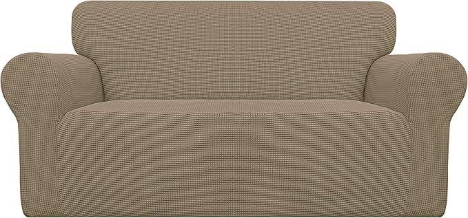 Easy-Going Stretch Oversized Loveseat Slipcover 1-Piece Sofa Cover Furniture Protector Couch Soft with Elastic Bottom for Kids Polyester Spandex Jacquard Fabric Small Checks Tan