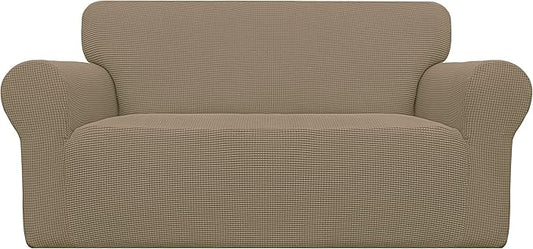 Easy-Going Stretch Oversized Loveseat Slipcover 1-Piece Sofa Cover Furniture Protector Couch Soft with Elastic Bottom for Kids Polyester Spandex Jacquard Fabric Small Checks Tan