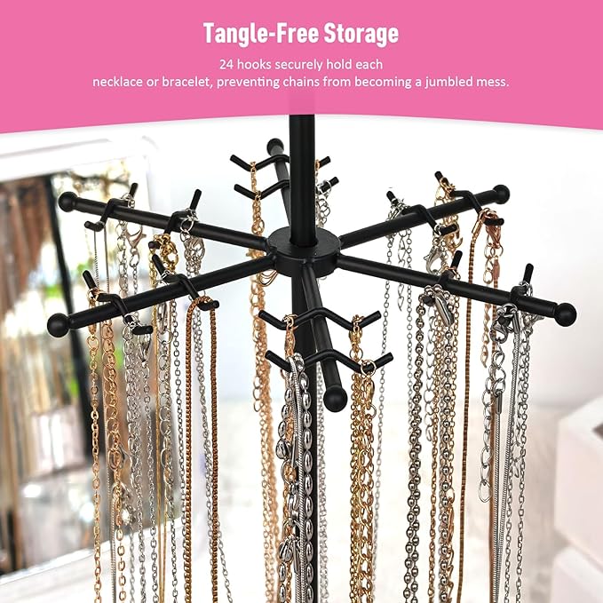360 Rotating 2-Tier Jewelry Organizer Stand, Large Earring Holder Organizer with 48 Holes for Studs，24 Prongs for Necklaces, Wide Base for Bracelets, Watches, Lipstick, Jewelry Display Stand for Women