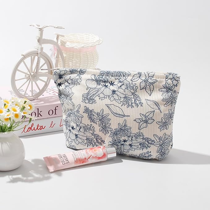 Cosmetic Bags for Women - Corduroy Cosmetic Bag Aesthetic Women Handbags Purses Smile Dots Makeup Organizer Storage Makeup Bag Girls Case Bags (Flowers-Navy blue)