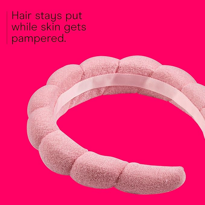 Conair Spa Makeup and Face Washing Headband, Pink Bubble Design, 1 Count, Ultra-Absorbent Microfiber Headband for Washing Face, Soft Terry Cloth, No-Squeeze, No-Pull Band Gentle on Hair and Head