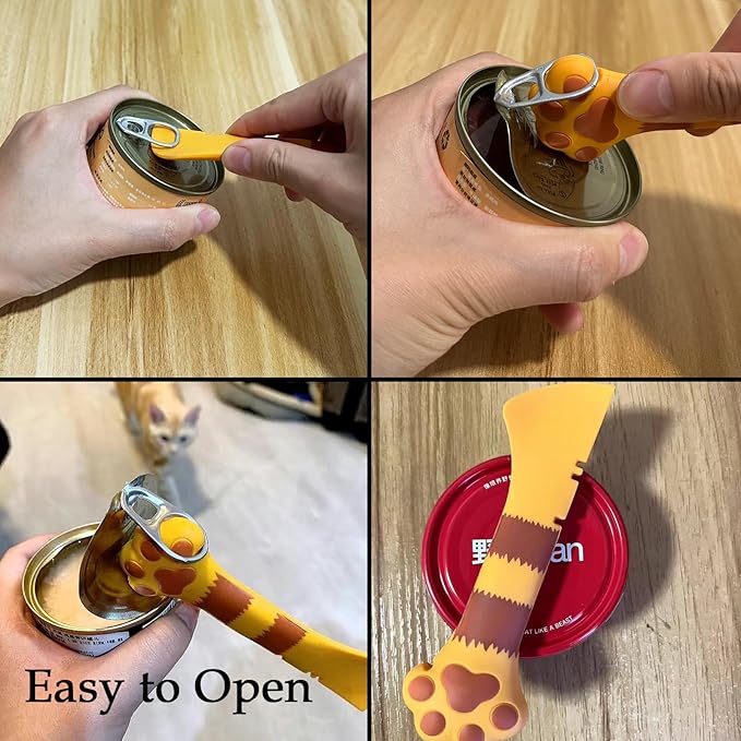 SJANE Cat Food Can Spoons & Can Lids | 4 Pcs | Multi-function Opener | Silicone Pet Food Covers | Stainless Steel Wet Food Spoon for Cats and Dogs(Orange)
